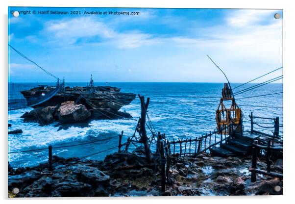 Swinging rope foot bridge and cable car to a rock  Acrylic by Hanif Setiawan