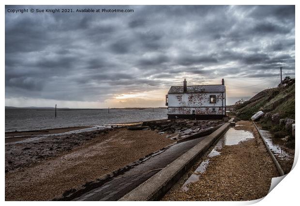 Moody scene of the watch house at Lepe Beach Print by Sue Knight