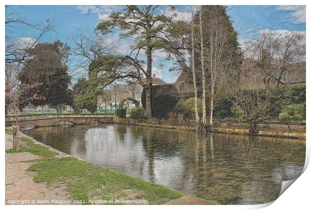 Bourton On The Water The River Windrush (Sketch Style) Print by Kevin Maughan