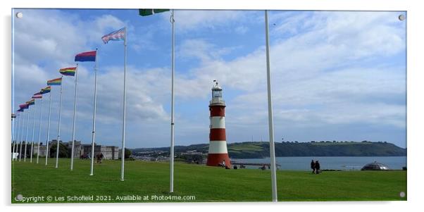Plymouth Hoe  lighthouse and flags Acrylic by Les Schofield