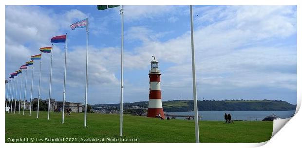 Plymouth Hoe  lighthouse and flags Print by Les Schofield