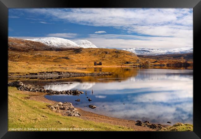 Loch Assynt Calda House and Conival Scotland Framed Print by Barbara Jones