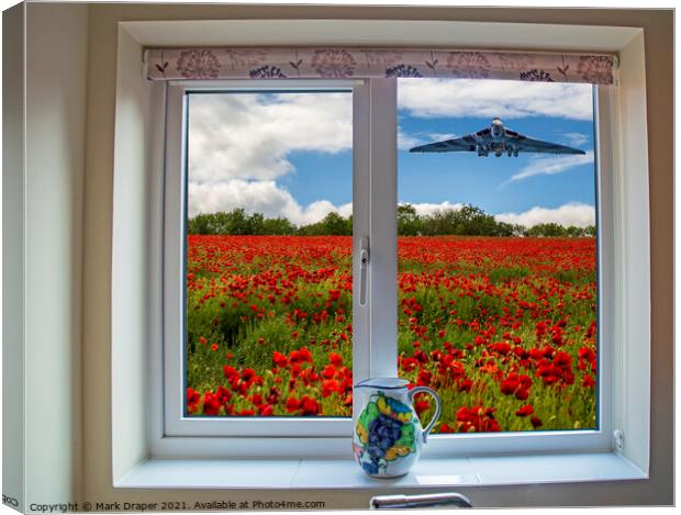Through my kitchen window, a Vulcan over a poppy field. Canvas Print by Mark Draper