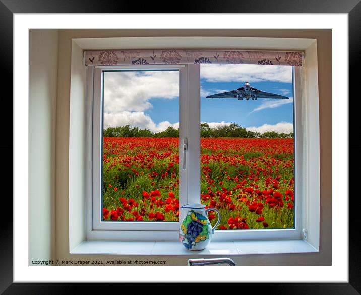 Through my kitchen window, a Vulcan over a poppy field. Framed Mounted Print by Mark Draper