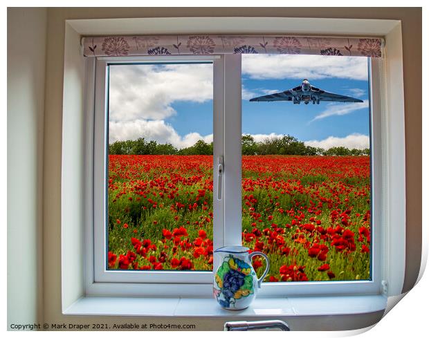 Through my kitchen window, a Vulcan over a poppy field. Print by Mark Draper