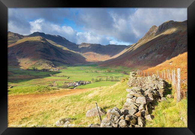 Mickleden and the Langdale Pikes , Lake District Framed Print by Chris Warham