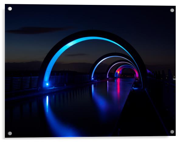 The Falkirk Wheel at night. Acrylic by Tommy Dickson