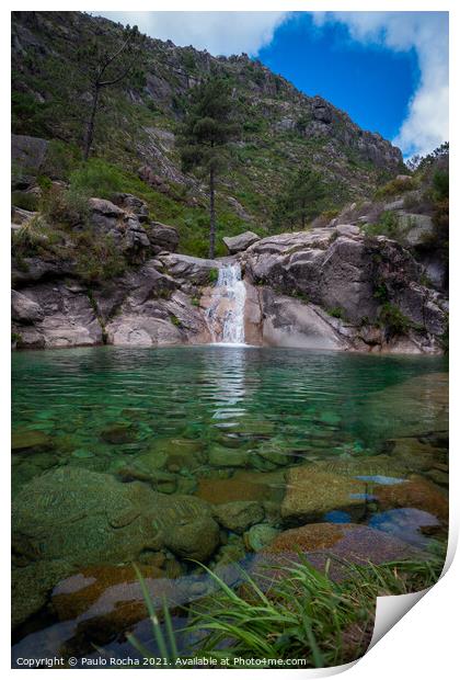 Poco azul (blue pit) waterfall in Peneda-Geres National Park, Portugal Print by Paulo Rocha
