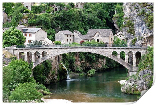 Idyllic Stone Village with Arched Bridge Print by Roger Mechan