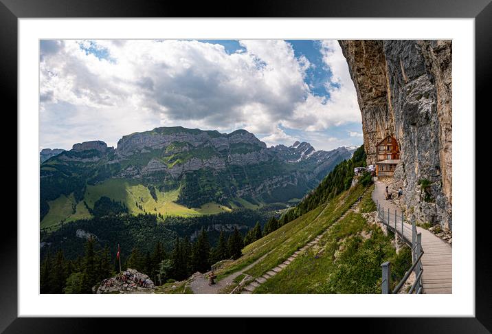 Famous Gasthaus Aescher Wildkirchli in Switzerland Alpstein - panoramic view Framed Mounted Print by Erik Lattwein