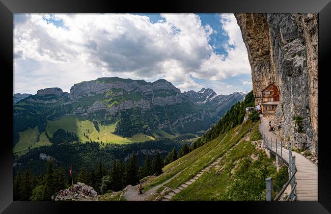 Famous Gasthaus Aescher Wildkirchli in Switzerland Alpstein - panoramic view Framed Print by Erik Lattwein
