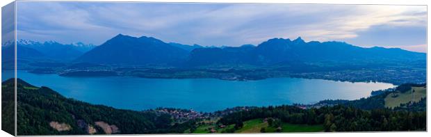 Panoramic view over Lake Thun in Switzerland - evening view Canvas Print by Erik Lattwein
