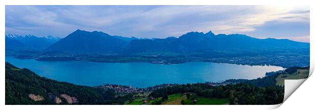 Panoramic view over Lake Thun in Switzerland - evening view Print by Erik Lattwein