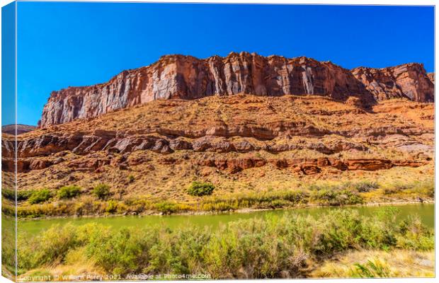Colorado River Rock Canyon Reflection Green Grass Outside Moab U Canvas Print by William Perry