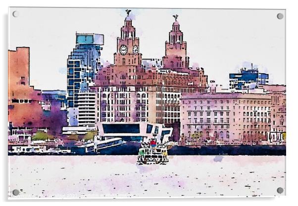 Ferry across the Mersey watercolour edit Acrylic by Phil Longfoot