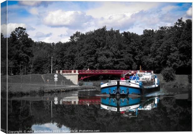 Commercial Barge on the Canal entre Champagne Canvas Print by Ann Biddlecombe