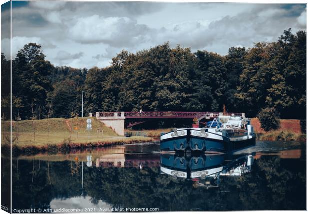 Commercial Barge on the Canal in Vintage style Canvas Print by Ann Biddlecombe