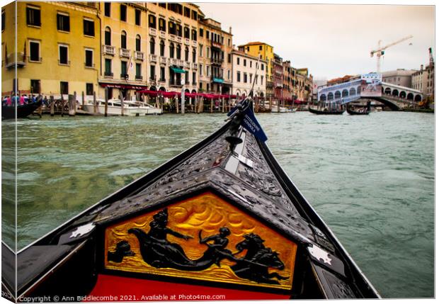 Venice by Gondola on the main canal Canvas Print by Ann Biddlecombe
