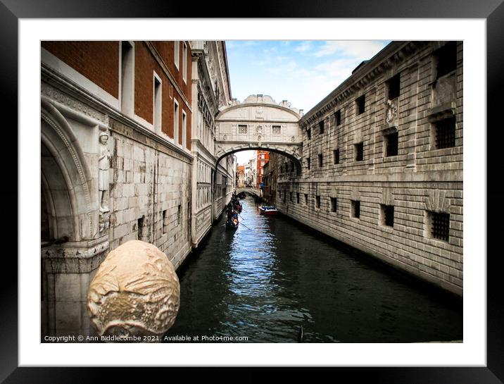 Gondolas on the canal under the bridge of sighs Framed Mounted Print by Ann Biddlecombe