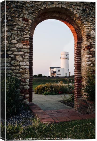 The Lighthouse In Old Hunstanton At Sunset Through The Archway Of Canvas Print by Peter Greenway