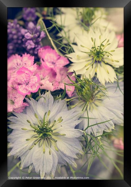 Floral Arrangement Featuring Love-In-A-Mist Flowers Framed Print by Peter Greenway