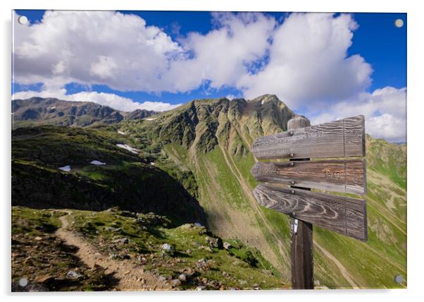 Direction signs at Timmelsjoch High Alpine Road in the Austrian Alps also called Passo Rombo Acrylic by Erik Lattwein