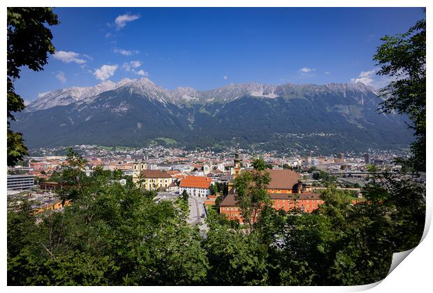 Aerial view over the city of Innsbruck in Austria Print by Erik Lattwein