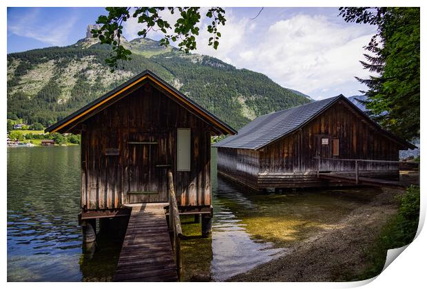 Wooden huts at Lake Altaussee in Austria Print by Erik Lattwein