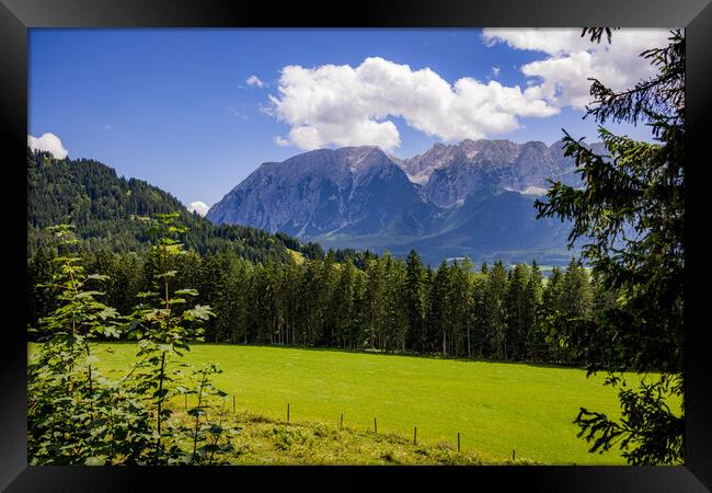 Typical panoramic view in the Austrian Alps with mountains and fir trees - Mount Loser Altaussee Framed Print by Erik Lattwein