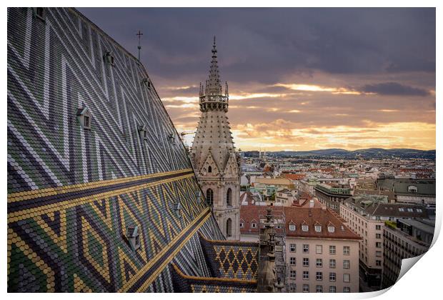 View over the city of Vienna from the top of St Stephans Cathedral Print by Erik Lattwein