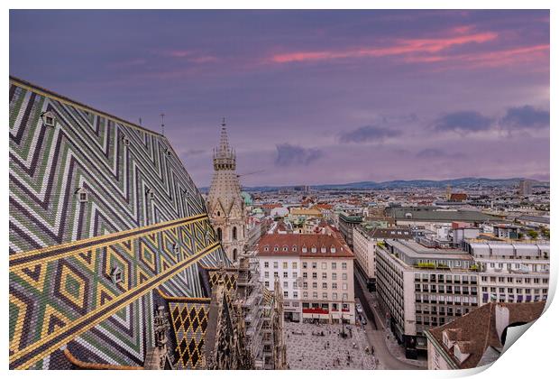 View over the city of Vienna from the top of St Stephans Cathedral Print by Erik Lattwein