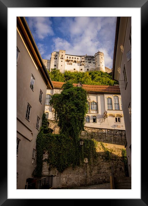 Street view in the old town of Salzburg with a view to the fortress Framed Mounted Print by Erik Lattwein