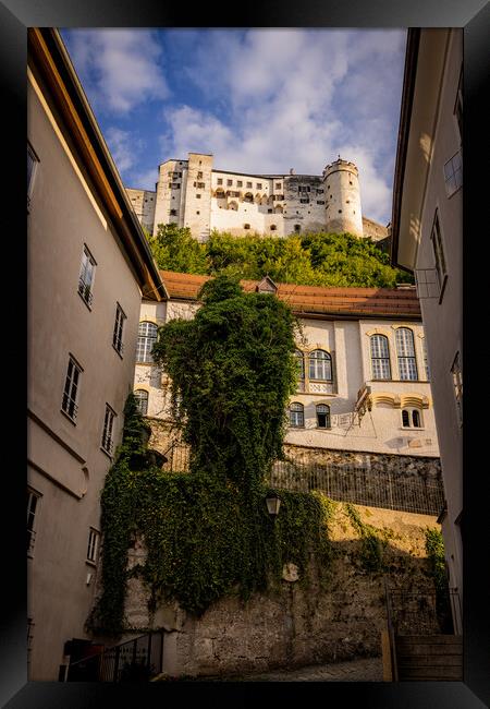 Street view in the old town of Salzburg with a view to the fortress Framed Print by Erik Lattwein