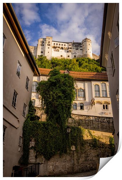 Street view in the old town of Salzburg with a view to the fortress Print by Erik Lattwein