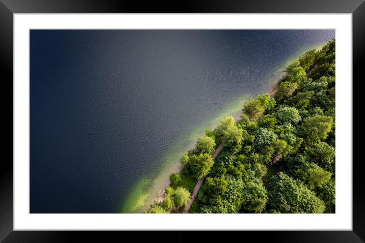 Fir trees and a lake from above - top down view Framed Mounted Print by Erik Lattwein