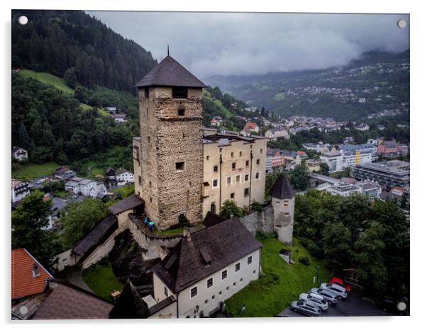 Landeck Castle in the Tyrolean village of Landeck in Austria - ISCHGL, AUSTRIA, EUROPE - AUGUST 5, 2021 Acrylic by Erik Lattwein