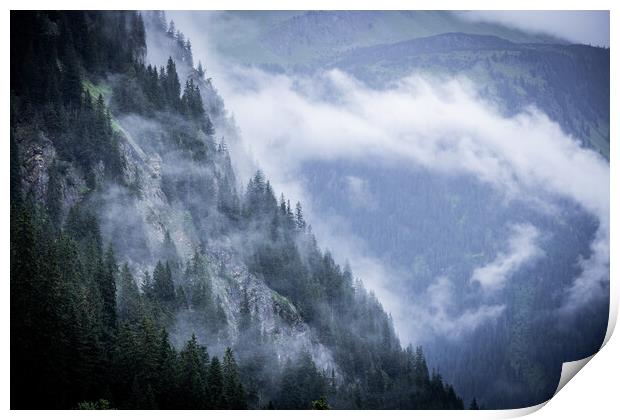 A rainy day in the Austrian Alps with deep clouds and fog Print by Erik Lattwein