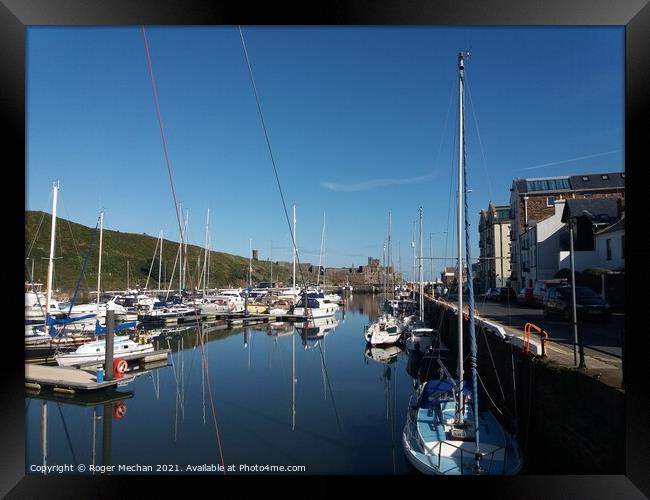 Castle and Yachts in Peel Framed Print by Roger Mechan