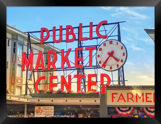 Pike Place Market Sign in Seattle Framed Print by Maria Janicki