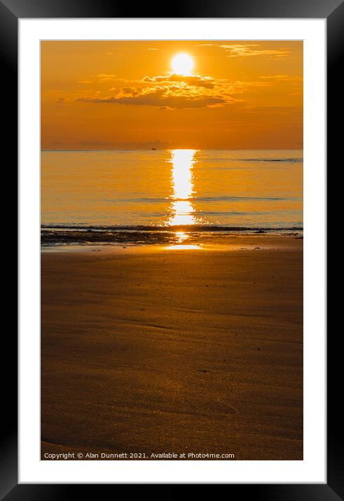 Sunrise and glitter on Embleton Beach, Northumbria Framed Mounted Print by Alan Dunnett