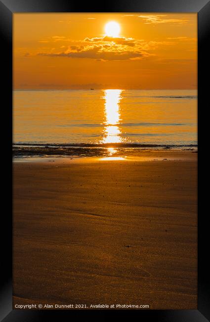 Sunrise and glitter on Embleton Beach, Northumbria Framed Print by Alan Dunnett