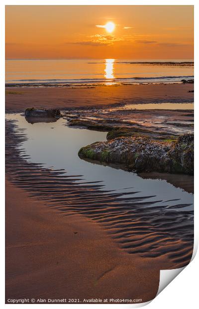 Sunrise and shadows on Embleton Beach, Northumbria Print by Alan Dunnett