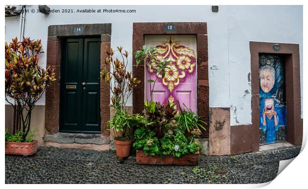 Funchal Doors, Madeira Print by Jo Sowden