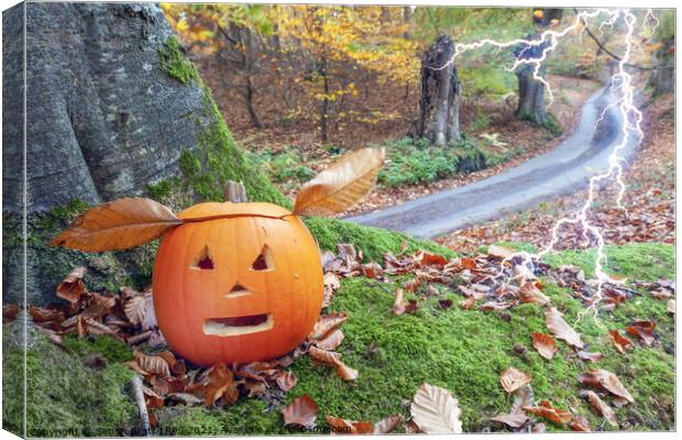 Scary halloween pumpkin alive in the woods Canvas Print by Simon Bratt LRPS
