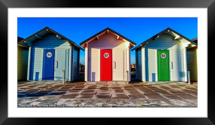 The Three Beach Huts Framed Mounted Print by Anthony Dillon