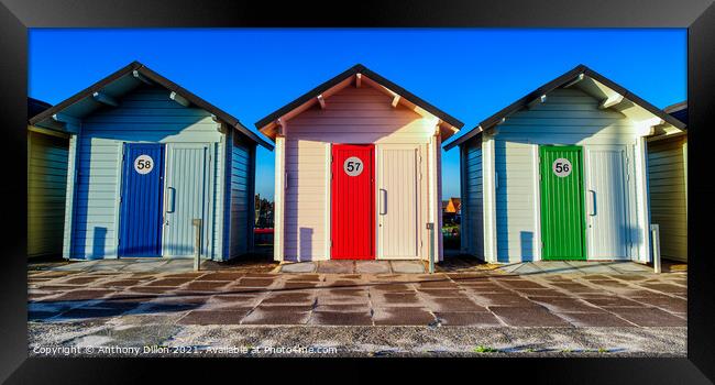 The Three Beach Huts Framed Print by Anthony Dillon