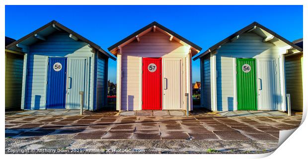 The Three Beach Huts Print by Anthony Dillon