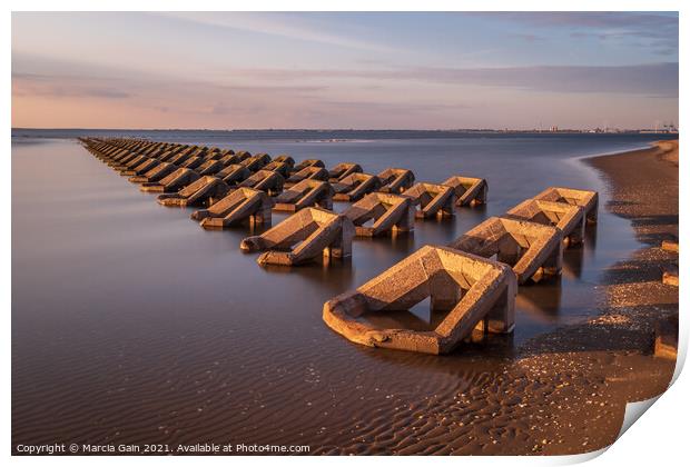 Breakwater at sunset Print by Marcia Reay