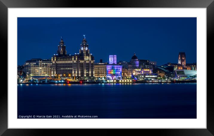 The Liverpool skyline at night Framed Mounted Print by Marcia Reay