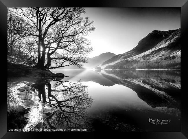 Buttermere, monochrome, with title Framed Print by geoff shoults